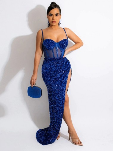 Velvet Sequin Spaghetti Straps Sheath Royal Blue Evening Dress Derby