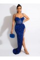 Velvet Sequin Spaghetti Straps Sheath Royal Blue Evening Dress Derby
