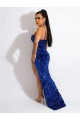 Velvet Sequin Spaghetti Straps Sheath Royal Blue Evening Dress Derby