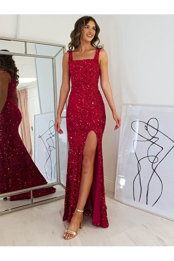 Velvet Sequin Square Neck Sheath Burgundy Prom Dress Derby