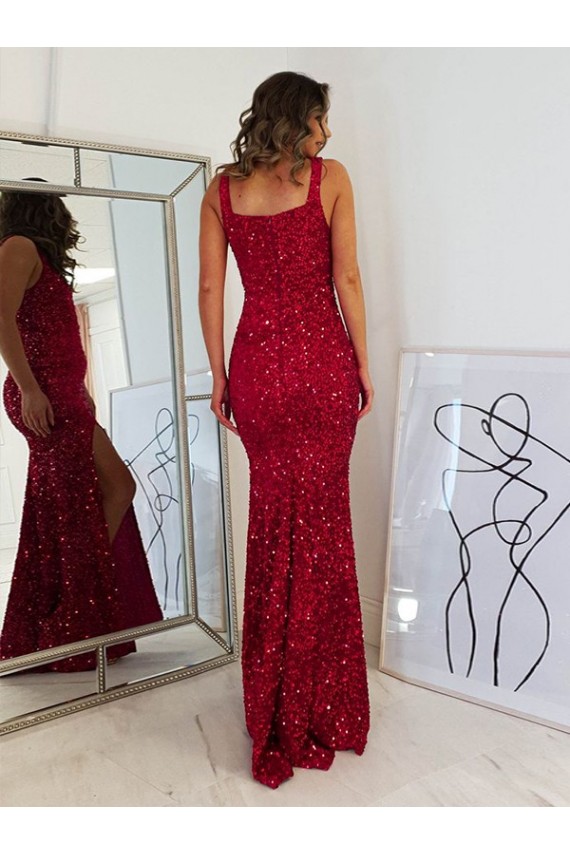 Velvet Sequin Square Neck Sheath Burgundy Prom Dress Derby