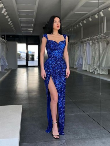 Velvet Sequin Spaghetti Straps Sheath Royal Blue Evening Gown / Prom Dress Derby