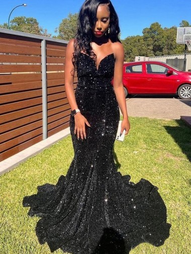 Velvet Sequin Sweetheart Mermaid Black Prom Dress Derby