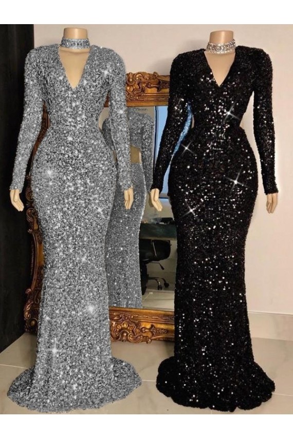 Velvet Sequin V-Neck Sheath Black Prom Dress Derby