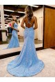Velvet Sequin V-Neck Sheath Periwinkle Evening Gown Derby