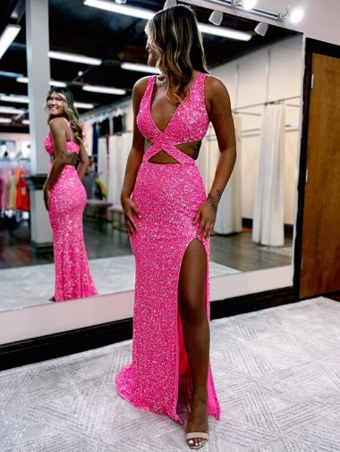 Velvet Sequin V-Neck Long Sweep Train Sheath Evening Dress Derby