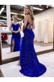 Velvet Sequin V-Neck Sheath Royal Blue Evening Dress Derby