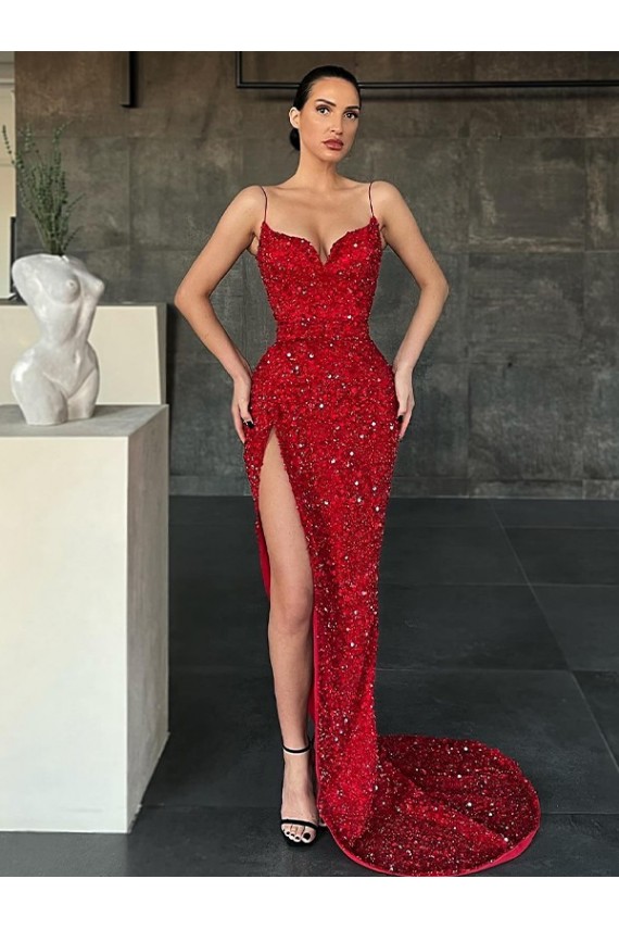 Velvet Sequin V-Neck Sheath Red Evening Gown / Prom Dress Derby