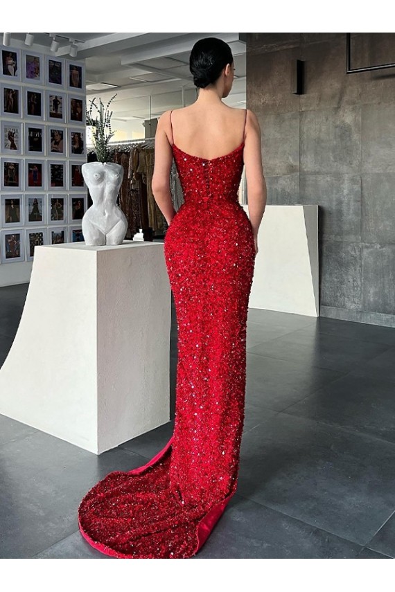 Velvet Sequin V-Neck Sheath Red Evening Gown / Prom Dress Derby