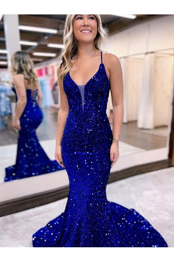 Velvet Sequin V-Neck Mermaid Royal Blue Prom Dress Derby