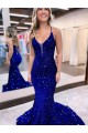 Velvet Sequin V-Neck Mermaid Royal Blue Prom Dress Derby