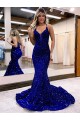 Velvet Sequin V-Neck Mermaid Royal Blue Prom Dress Derby