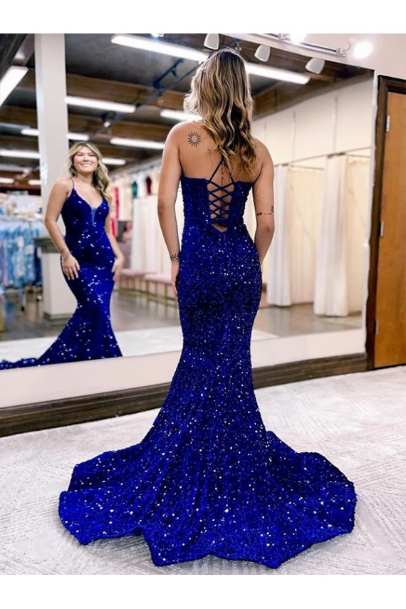 Velvet Sequin V-Neck Mermaid Royal Blue Prom Dress Derby