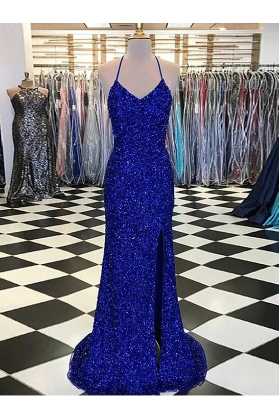 Velvet Sequin V-Neck Sheath Royal Blue Prom Dress / Evening Gown Derby