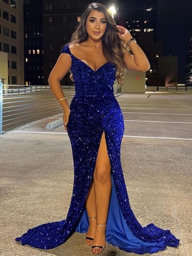 Velvet Sequin V-Neck Sheath Royal Blue Dress Derby