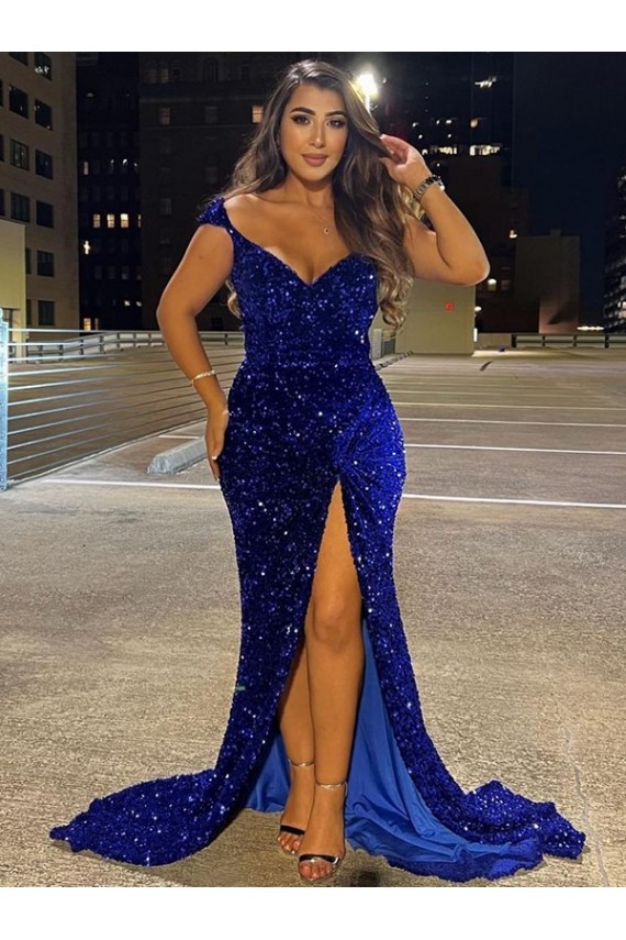 Velvet Sequin V-Neck Sheath Royal Blue Dress Derby