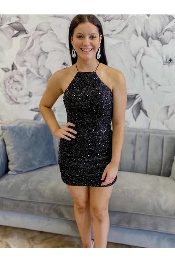 Velvet Sequin Halter Neck Sheath Black Prom Dress Derby