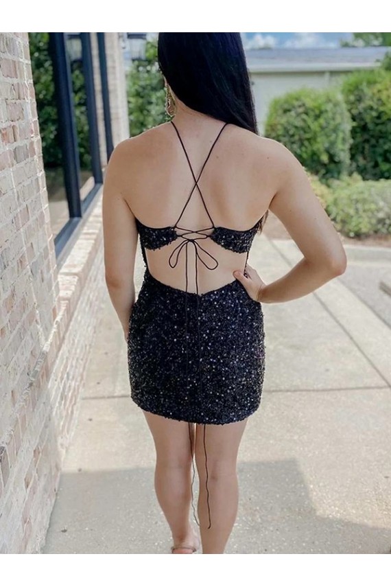 Velvet Sequin Halter Neck Sheath Black Prom Dress Derby