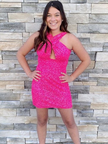 Velvet Sequin Halter Neck Sheath Fuchsia Homecoming Dress Derby