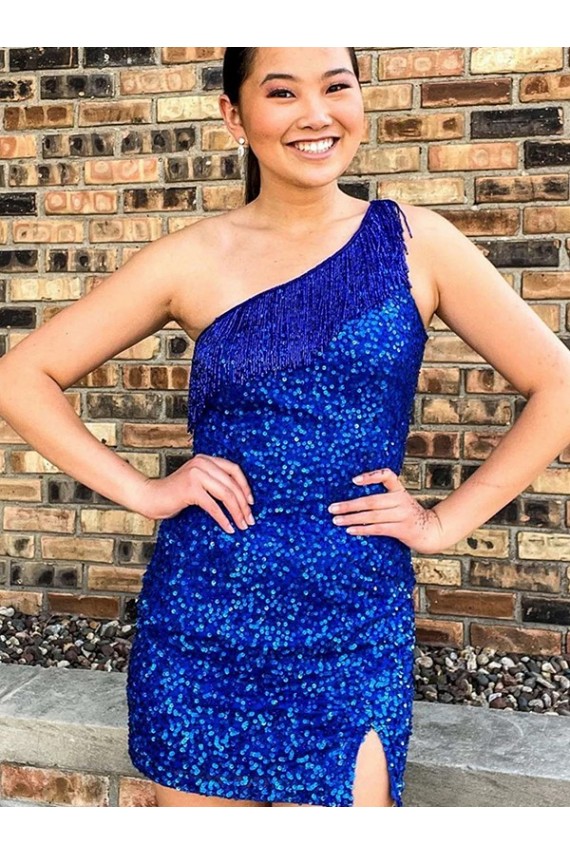 Velvet Sequin One Shoulder Sheath Royal Blue Homecoming Dresses Derby