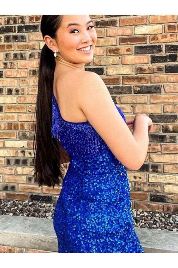 Velvet Sequin One Shoulder Sheath Royal Blue Homecoming Dresses Derby