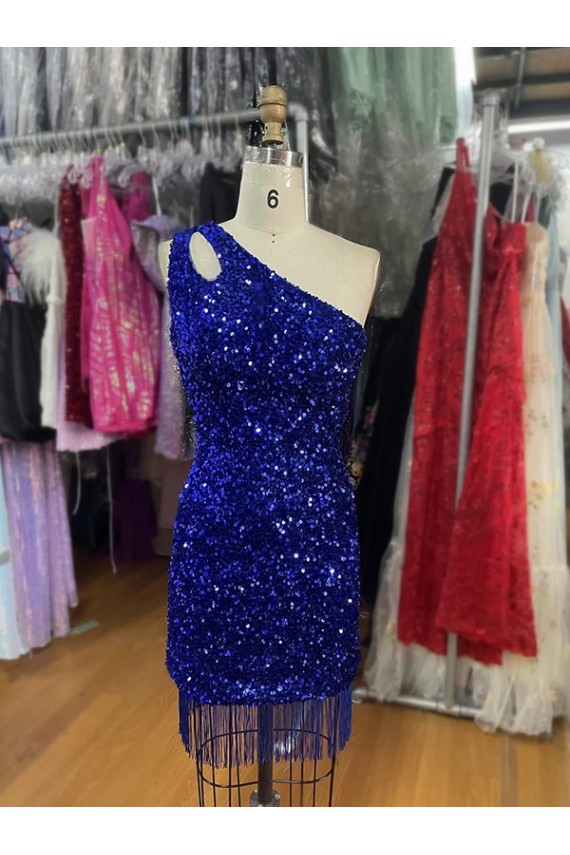 Velvet Sequins One Shoulder Sheath Royal Blue Homecoming Dress Derby