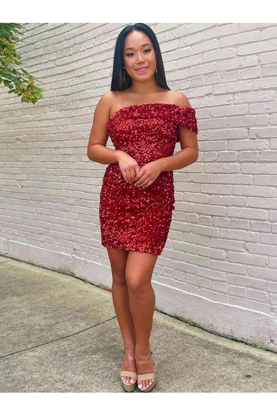 Velvet Sequin One Shoulder Sheath Burgundy Prom Dress Derby