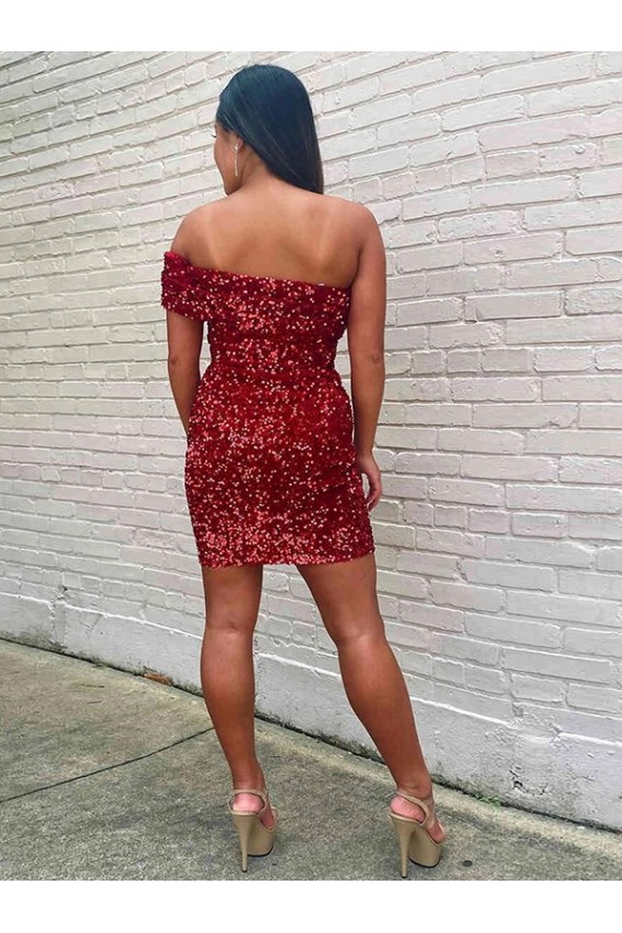 Velvet Sequin One Shoulder Sheath Burgundy Prom Dress Derby
