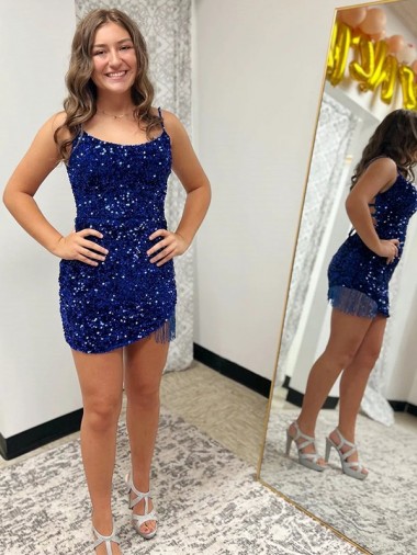 Velvet Sequin Spaghetti Straps Sheath Royal Blue Prom Dress Derby