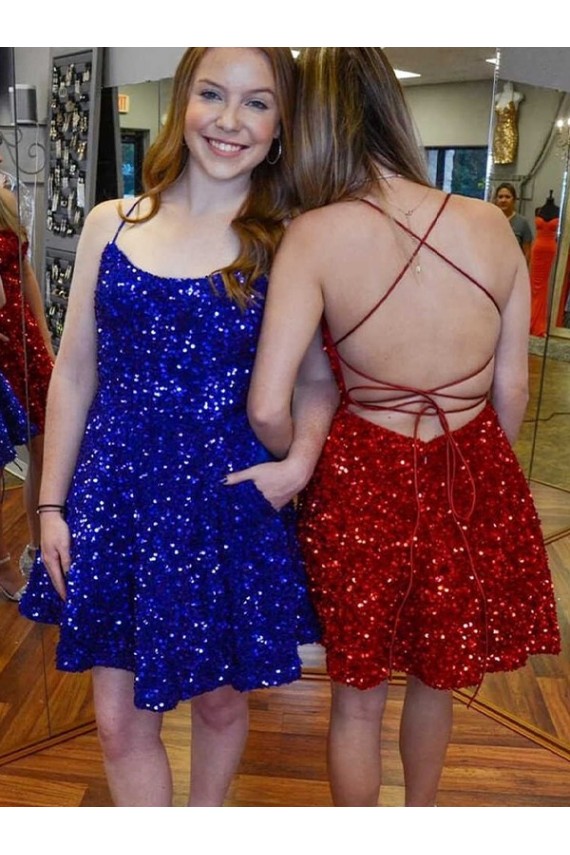 Velvet Sequin Spaghetti Straps A-Line Royal Blue Prom Dress Derby