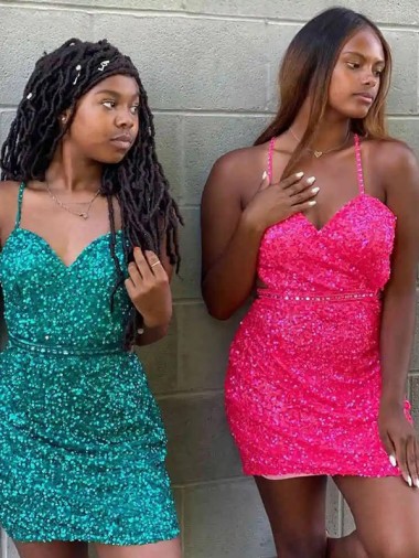 Velvet Sequin V-Neck Sheath Dark Green Prom Dress Derby