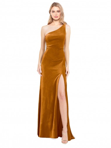 Stretch Velvet One Shoulder A-Line Gold Formal Evening Gown / Prom Dress / Bridesmaid Dress Derby