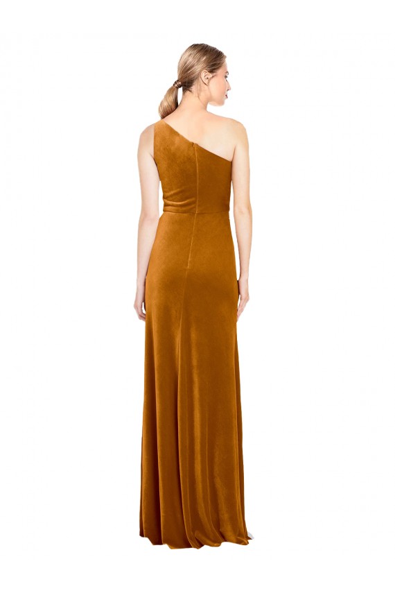 Stretch Velvet One Shoulder A-Line Gold Formal Evening Gown / Prom Dress / Bridesmaid Dress Derby