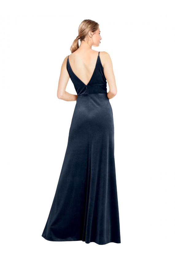 Stretch Velvet V-Neck V-Back A-Line Dark Navy Prom Dress / Bridesmaid Dress Derby
