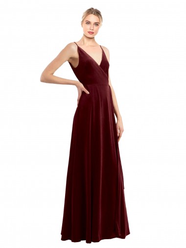 Stretch Velvet V-Neck V-Back A-Line Burgundy Bridesmaid Dress / Evening Dress Derby
