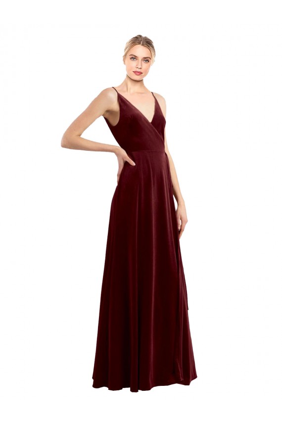 Stretch Velvet V-Neck V-Back A-Line Burgundy Bridesmaid Dress / Evening Dress Derby