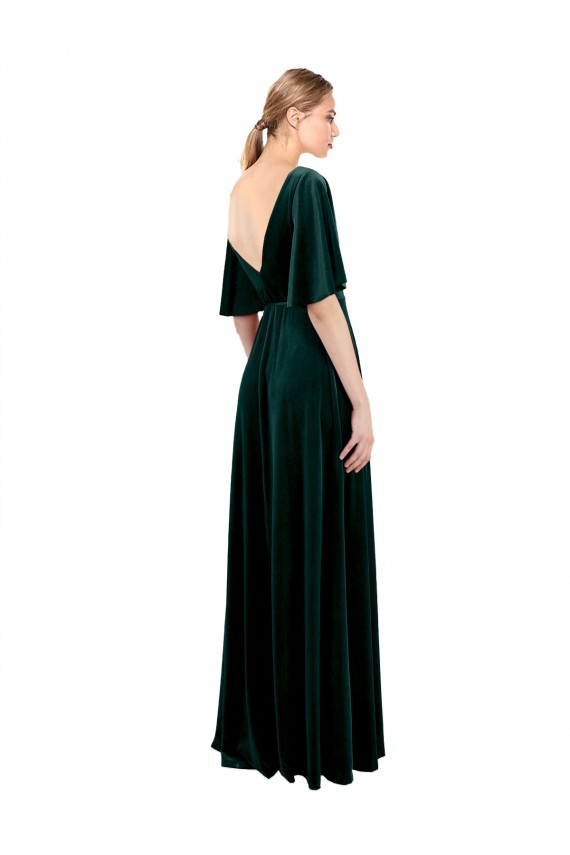 Stretch Velvet V-Neck V-Back A-Line Dark Green Prom Dress / Bridesmaid Dress Derby