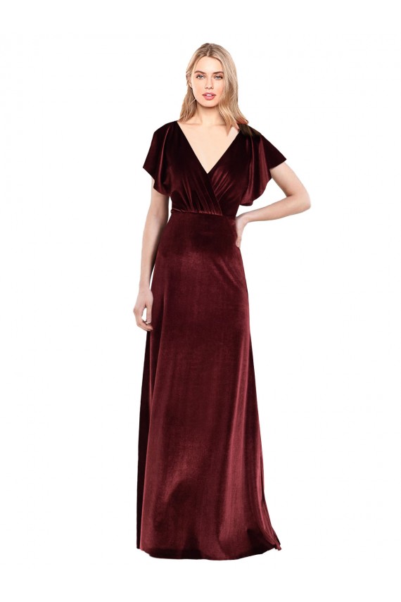 Stretch Velvet V-Neck Long A-Line Burgundy Prom Dress / Bridesmaid Dress Derby