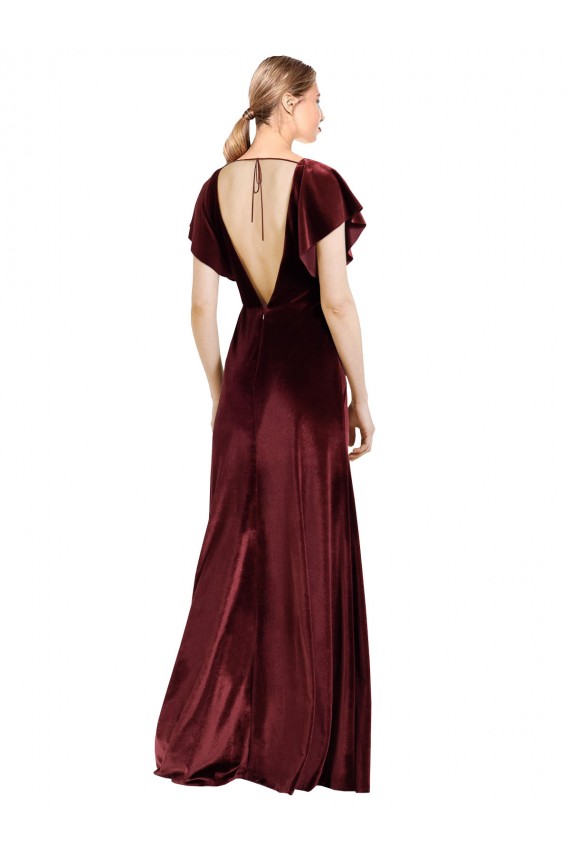 Stretch Velvet V-Neck Long A-Line Burgundy Prom Dress / Bridesmaid Dress Derby