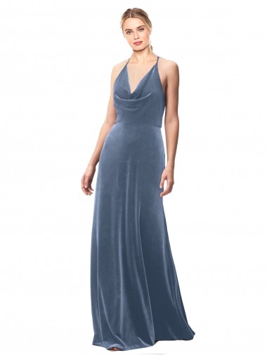 Stretch Velvet Cowl Neck Keyhole Back A-Line Dusty Blue Prom Dress / Bridesmaid Dress Derby