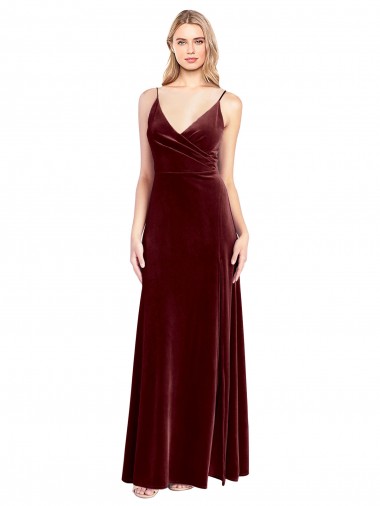 Stretch Velvet V-Neck V-Back A-Line Burgundy Black Tie Prom Dress / Bridesmaid Dress Derby