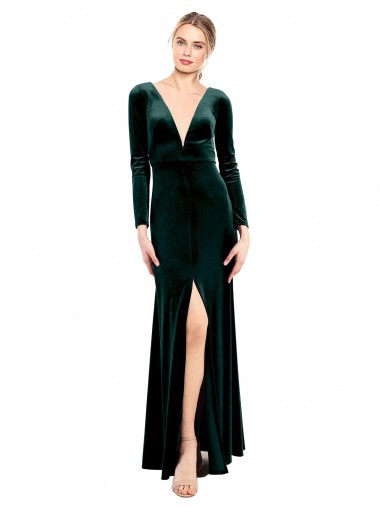 Stretch Velvet V-Neck Open Back A-Line Dark Green Black Tie Prom Dress / Bridesmaid Dress Derby