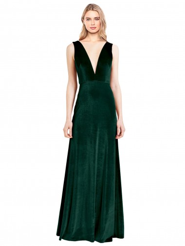 Stretch Velvet V-Neck V-Back A-Line Dark Green Bridesmaid Dress / Formal Dress Derby