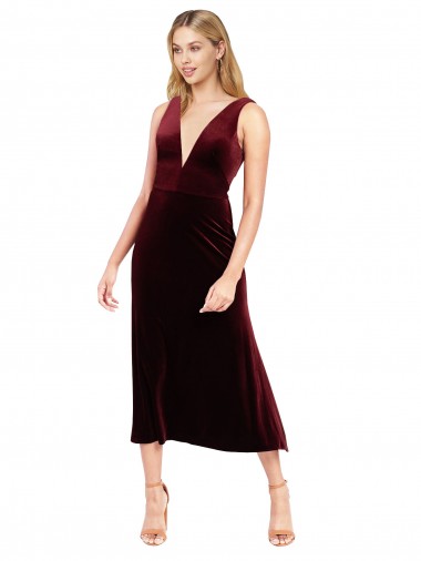 Stretch Velvet V-Neck V-Back A-Line Burgundy Prom Dress / Bridesmaid Dress Derby