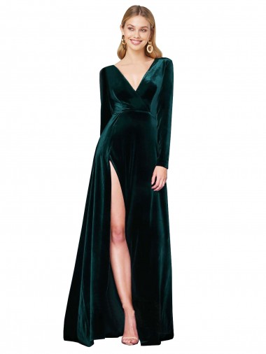 Stretch Velvet V-Neck A-Line Dark Green Black Tie Evening Gown / Prom Dress / Bridesmaid Dress Derby