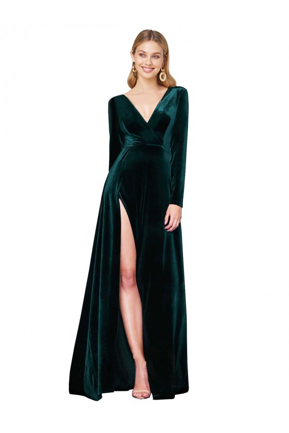 Stretch Velvet V-Neck A-Line Dark Green Black Tie Evening Gown / Prom Dress / Bridesmaid Dress Derby