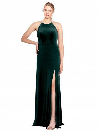 Stretch Velvet Jewel Neck Keyhole Back A-Line Dark Green Prom Dress / Bridesmaid Dress Derby