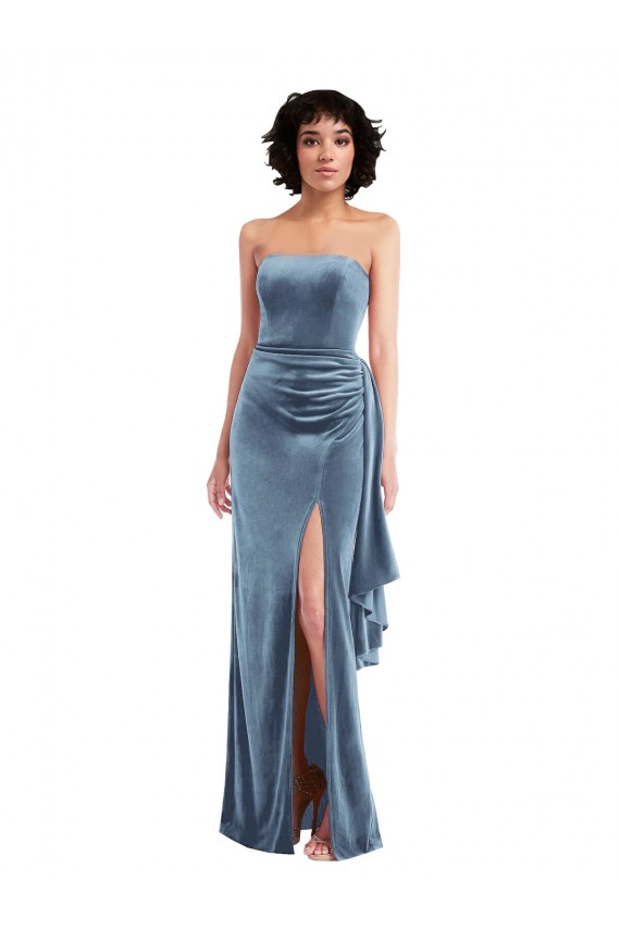 Stretch Velvet Strapless Low Back Sheath Dusty Blue Formal Evening Gown / Prom Dress / Bridesmaid Dress Derby
