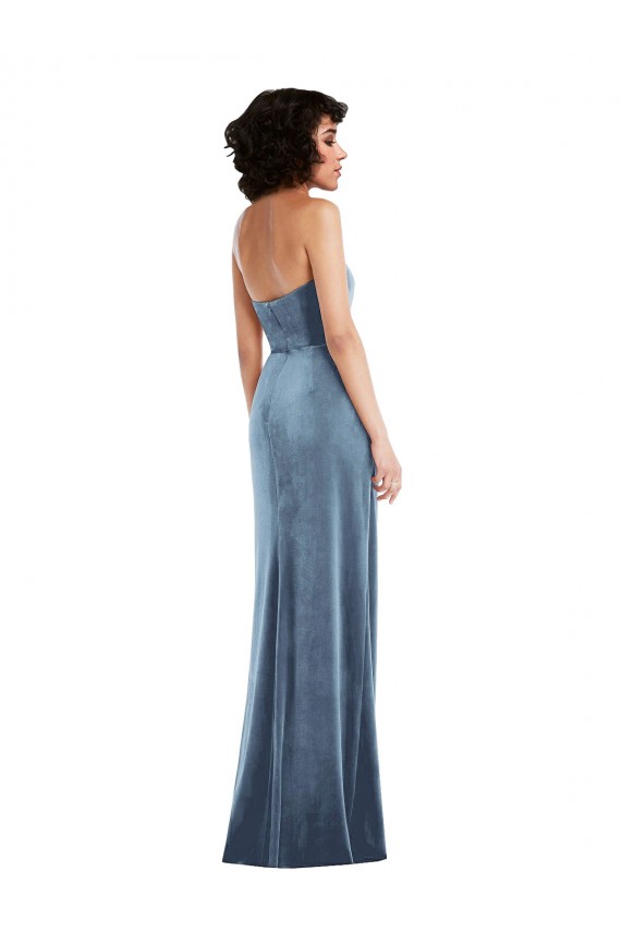 Stretch Velvet Strapless Low Back Sheath Dusty Blue Formal Evening Gown / Prom Dress / Bridesmaid Dress Derby