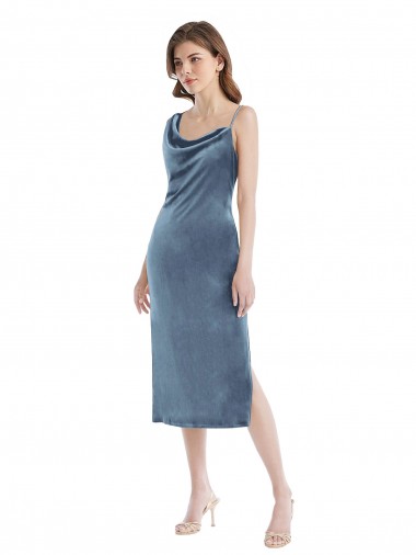 Stretch Velvet One Shoulder Sheath Dusty Blue Semi Formal Evening Dress / Prom Dress / Bridesmaid Dress Derby